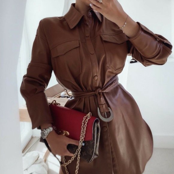 Zara Faux Leather Belted Overshirt Dress - Picture 10 of 16
